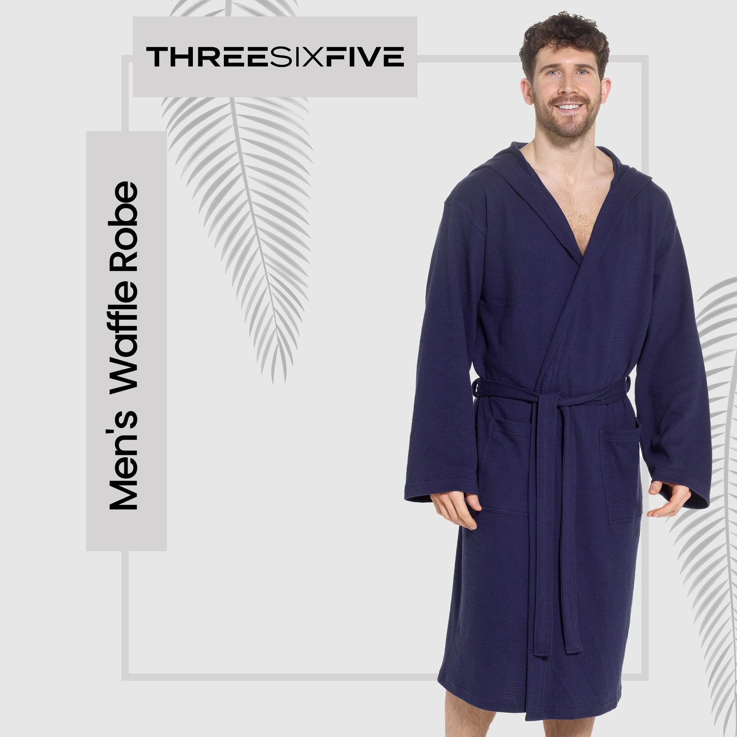 Men’s Hooded Waffle Cotton Bathrobe Navy Super Absorbent Spa Robe Luxury Dressing Gown for Home & Loungewear by OLIVIA ROCCO