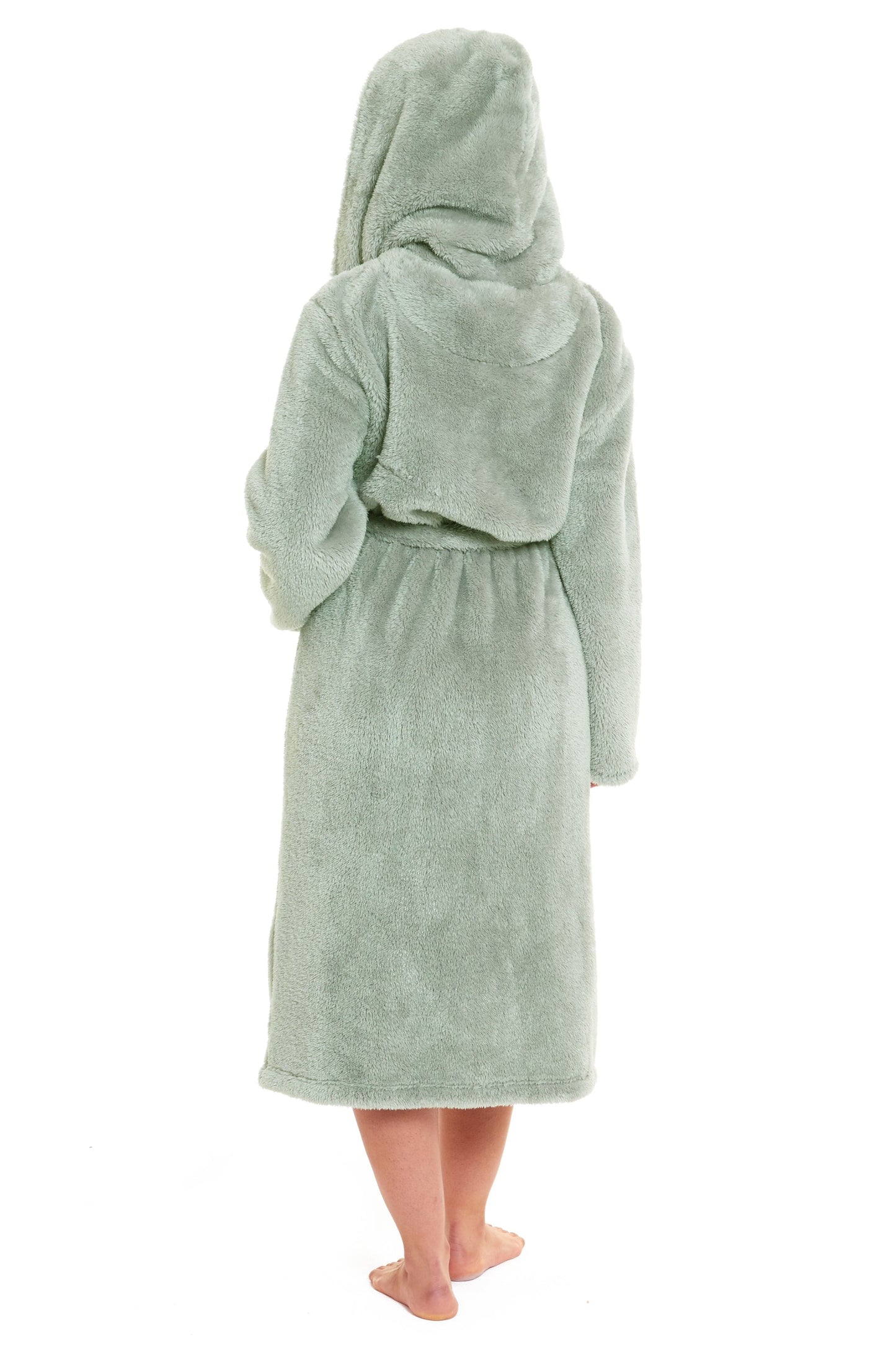 Women's Sage Green Snuggle Fleece Touch Hooded Robe Luxurious Soft Loungewear Cosy Durable Dressing Gown UK Sizes 8-22 by Daisy Dreamer