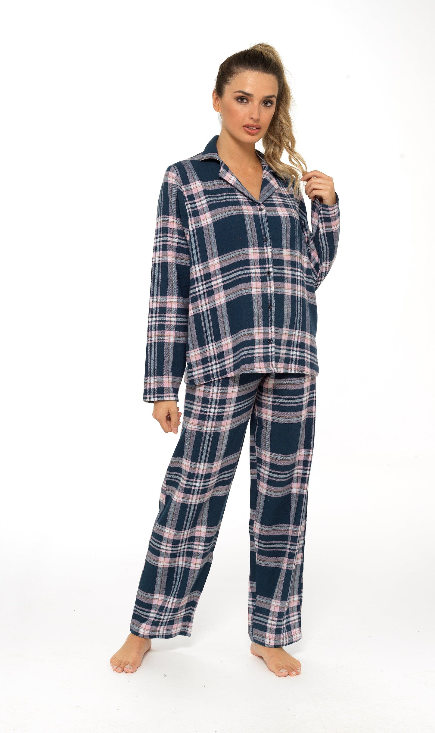 Women's Soft Cotton Flannelette Check Pyjama Set with Elasticated Waistband Cosy Warm Nightwear PJs Classic Check Pattern Sleepwear UK Sizes 8-22 by Daisy Dreamer