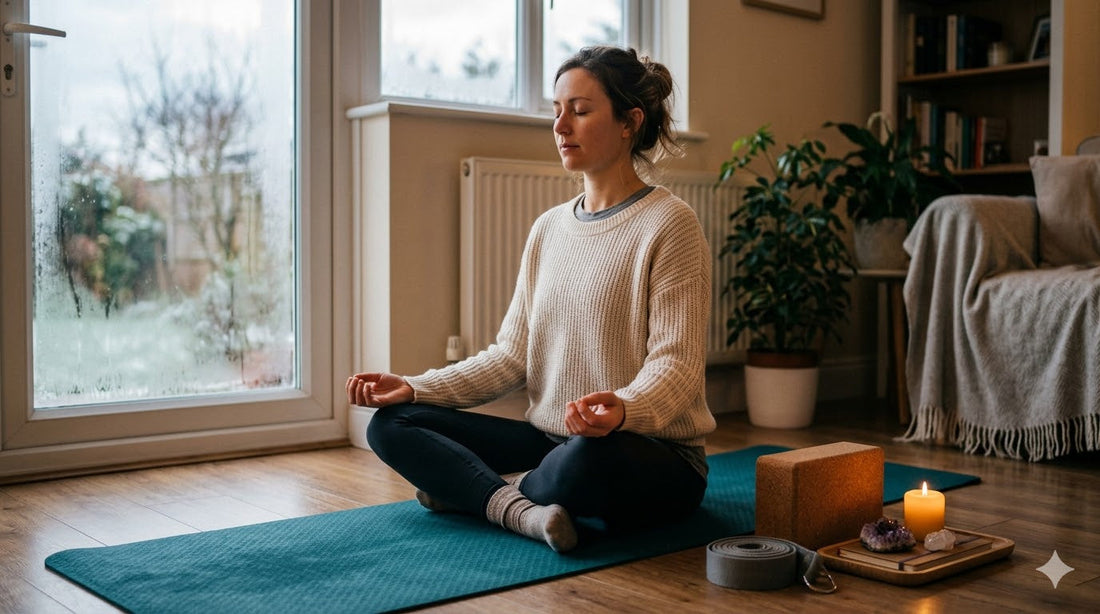 A woman meditates cross-legged on a yoga mat in a cozy living room, next to a yoga block and a candle.