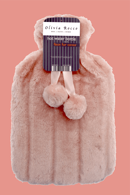 2L Soft Plush Hot Water Bottle with Faux Fur Pom Pom Cover for Warmth Durable Natural Rubber UK Safe Tested Cozy Winter Comfort Ideal Gift for Adults Kids by OLIVIA ROCCO