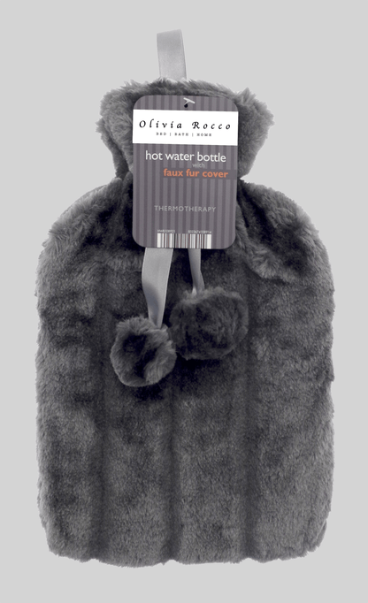 2L Soft Plush Hot Water Bottle with Faux Fur Pom Pom Cover for Warmth Durable Natural Rubber UK Safe Tested Cozy Winter Comfort Ideal Gift for Adults Kids by OLIVIA ROCCO