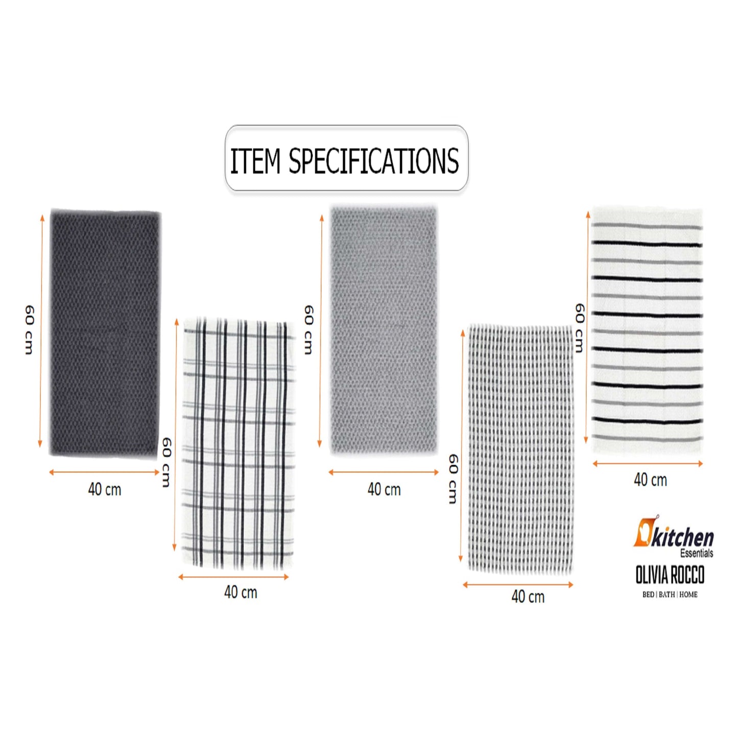 5 Pack Super Absorbent Check Quick Drying Cotton Terry Kitchen Tea Towels Durable Versatile Dish Towels for Home and Professional Use 45cm x 65cm by OLIVIA ROCCO