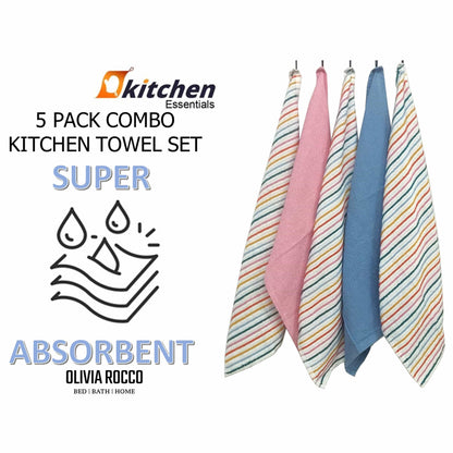 5 Pack Super Absorbent Cotton Kitchen Tea Towels Striped Quick Drying Reusable Ribbed Waffle 45cm x 65cm by OLIVIA ROCCO