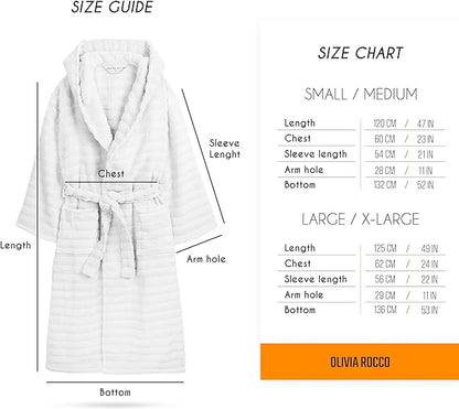 Women's Hydro Ribbed Ultra Soft 100% Cotton Hooded Bath Robes with Pockets and Belt Luxury Terry Towelling Loungewear Sleepwear in White and Grey by OLIVIA ROCCO