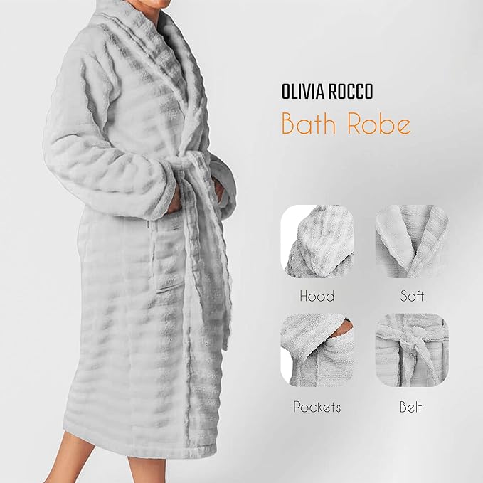 Women's Hydro Ribbed Ultra Soft 100% Cotton Hooded Bath Robes with Pockets and Belt Luxury Terry Towelling Loungewear Sleepwear in White and Grey by OLIVIA ROCCO