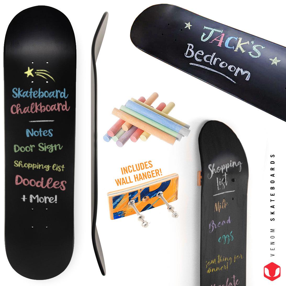 Venom Skateboards Kids Matt Black Chalkboard / Message Board / Bedroom Door Sign Skateboard Deck With Chalk Pack