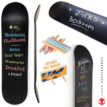 Venom Skateboards Kids Matt Black Chalkboard / Message Board / Bedroom Door Sign Skateboard Deck With Chalk Pack