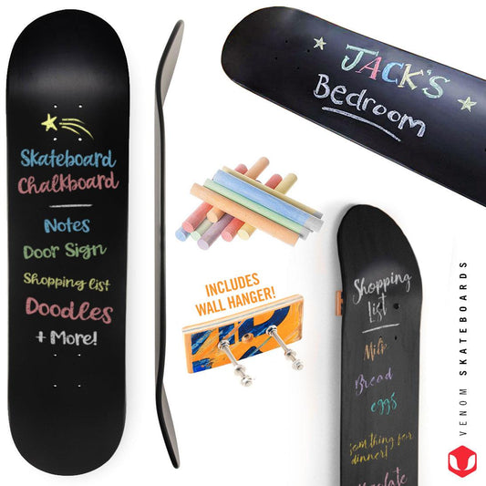Venom Skateboards Kids Matt Black Chalkboard / Message Board / Bedroom Door Sign Skateboard Deck With Chalk Pack