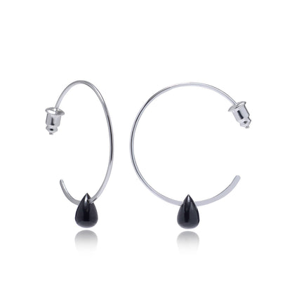 Hera Wire Hoop Earrings with Teardrop Stone: Silver Black Onyx