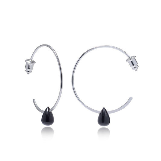 Hera Wire Hoop Earrings with Teardrop Stone: Silver Black Onyx