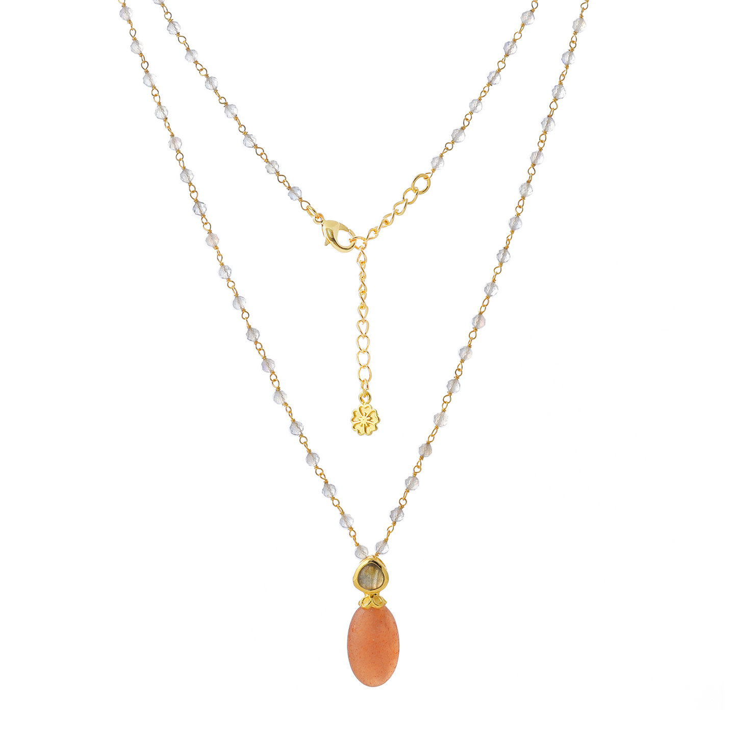 Persephone Double Gemstone Beaded Chain Necklace Peach Moonstone & Labradorite