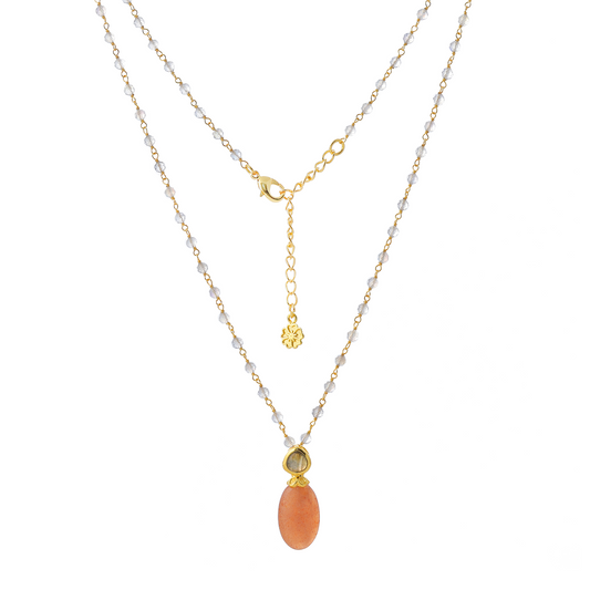 Persephone Double Gemstone Beaded Chain Necklace Peach Moonstone & Labradorite