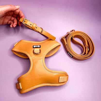 Alfresco Pup faux leather dog harness - camel colour adjustable dog harness