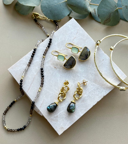 Milos Mixed Gemstone Beaded Necklace  Black Onyx, Smoky Quartz & Labradorite