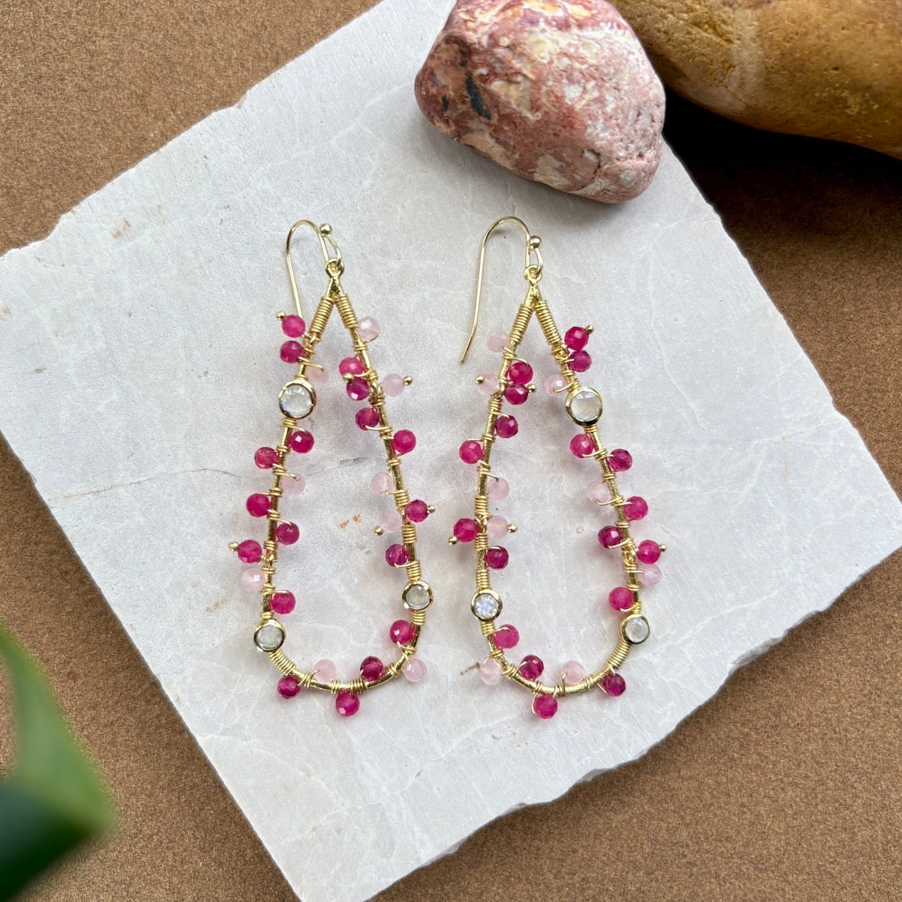 Hydra Large Teardrop Wire-Wrapped Gemstone Earrings Moonstone, Rose Quartz, Pink Jade and Pink Tourmaline