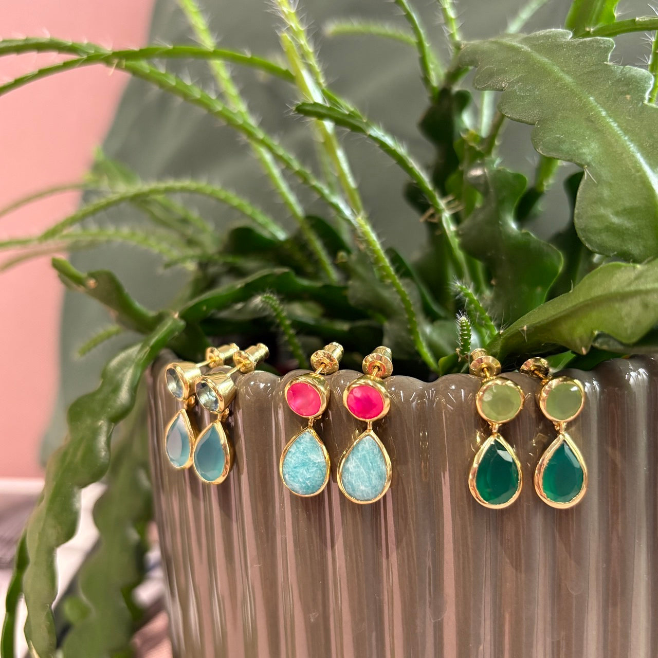 Gold Double Gemstone Drop Earrings with Pariba Onyx & Iolite