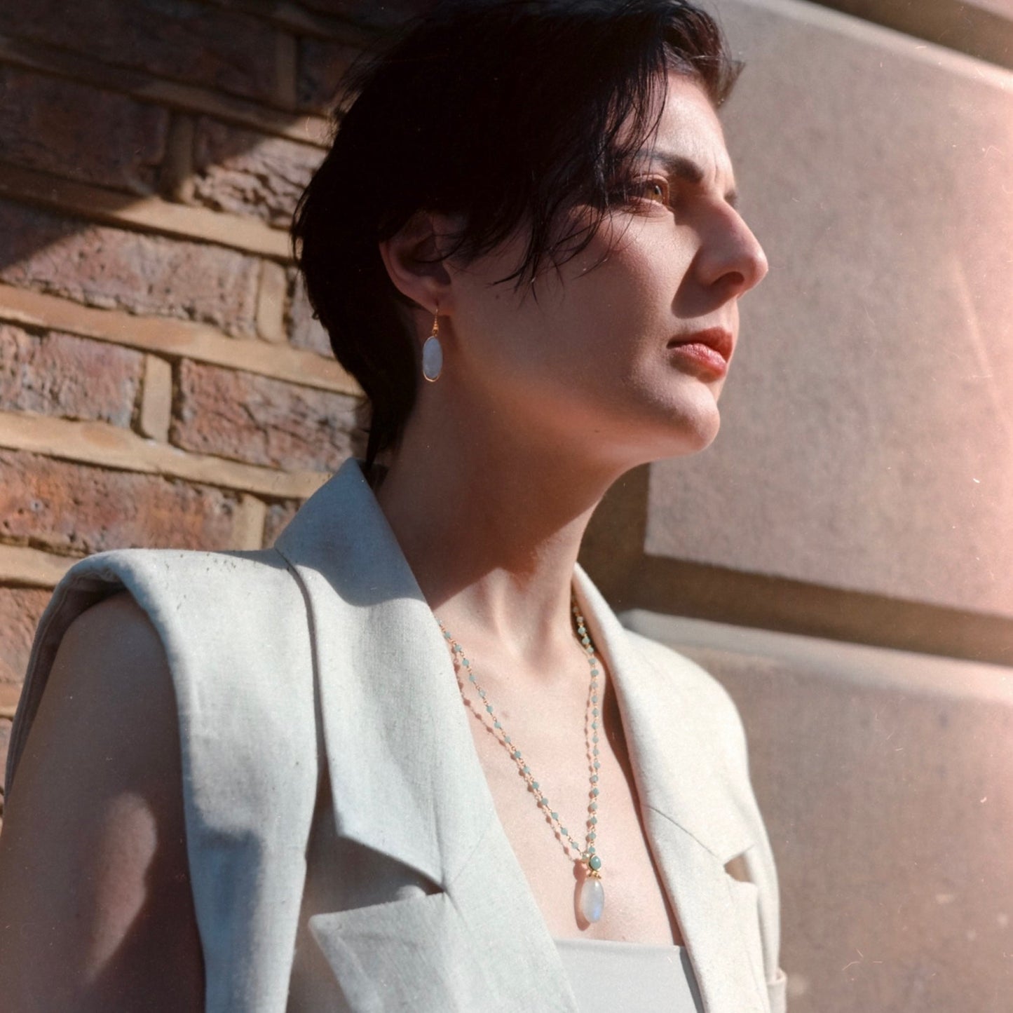 Persephone Double Gemstone Beaded Chain Necklace Moonstone & Amazonite