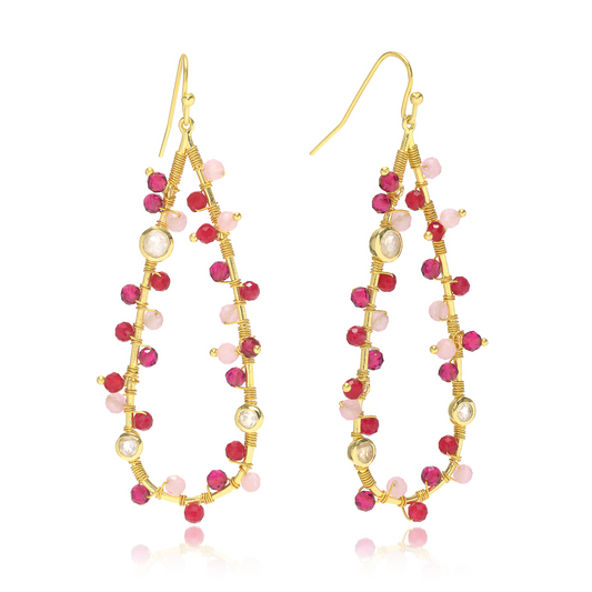 Hydra Large Teardrop Wire-Wrapped Gemstone Earrings Moonstone, Rose Quartz, Pink Jade and Pink Tourmaline