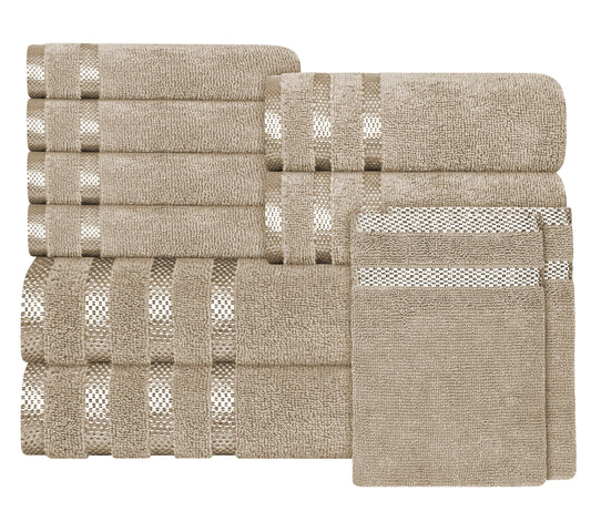 Belmont Viscose Stripe Beige Towels 100% Cotton Hotel Quality Super Absorbent 10 Piece Bale Set, 4 Hand Towel & 12 Face Cloths by OLIVIA ROCCO