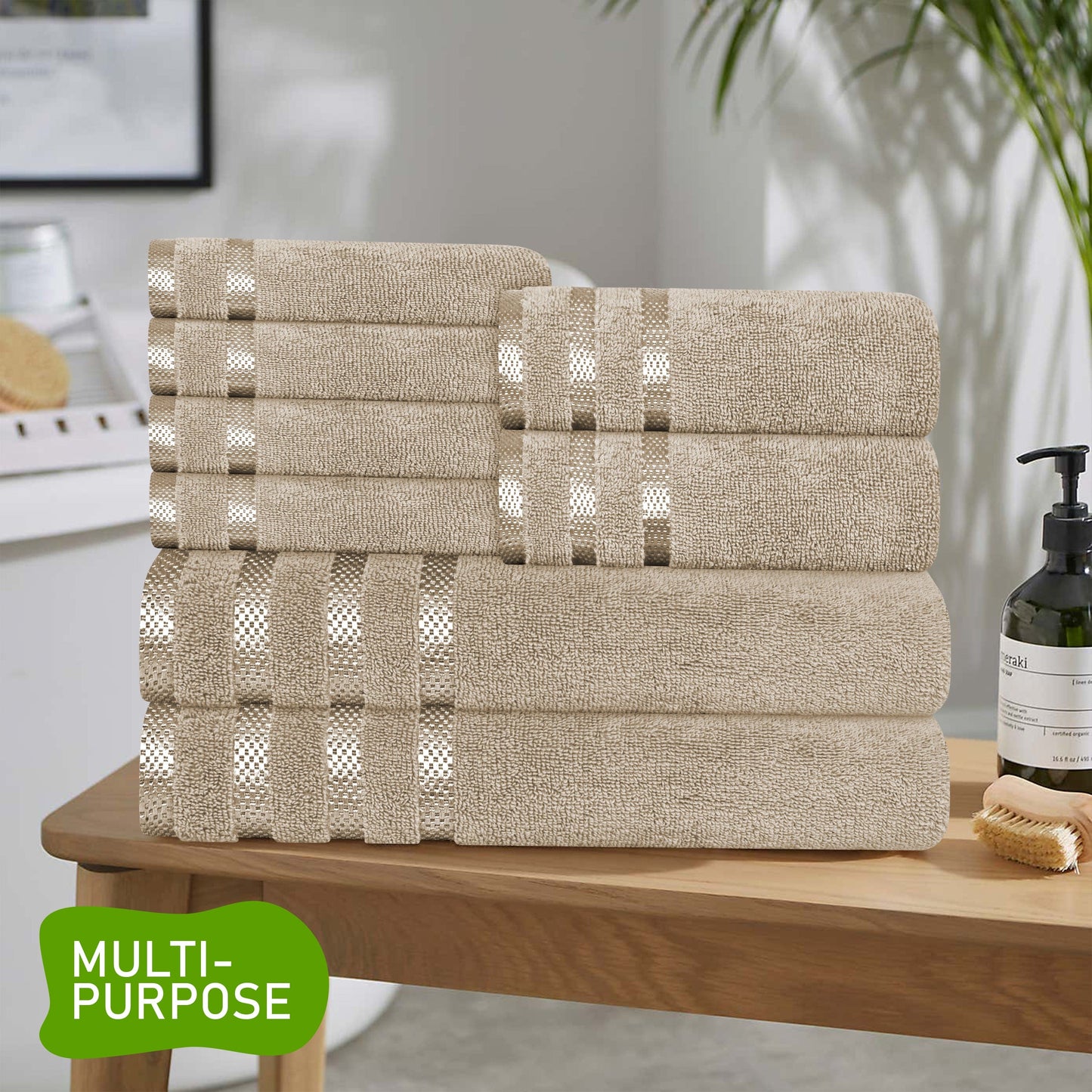 Belmont Viscose Stripe Beige Towels 100% Cotton Hotel Quality Super Absorbent 10 Piece Bale Set, 4 Hand Towel & 12 Face Cloths by OLIVIA ROCCO