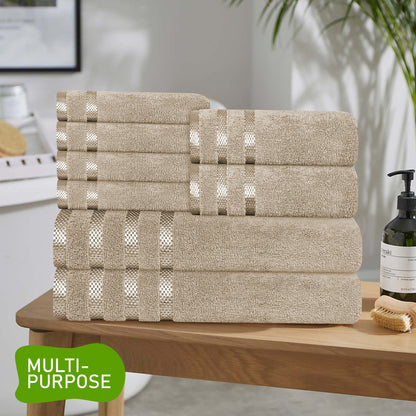 Belmont Viscose Stripe Beige Towels 100% Cotton Hotel Quality Super Absorbent 10 Piece Bale Set, 4 Hand Towel & 12 Face Cloths by OLIVIA ROCCO