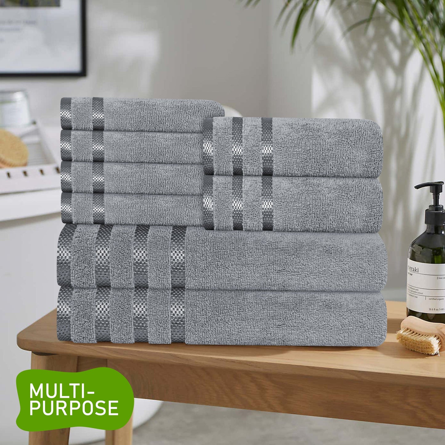 Belmont Viscose Stripe Silver Towels 100% Cotton Hotel Quality Super Absorbent 10 Piece Bale Set, 4 Hand Towel & 12 Face Cloths by OLIVIA ROCCO