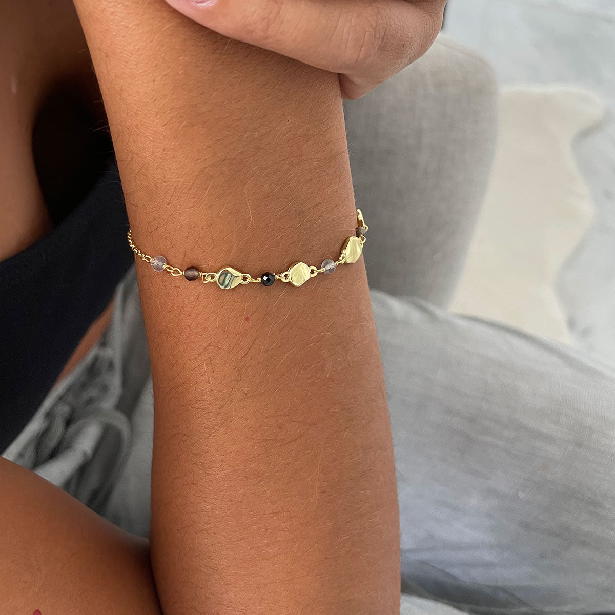 Sofia Nugget Bracelet  Black Onyx, Smoky Quartz & Labradorite