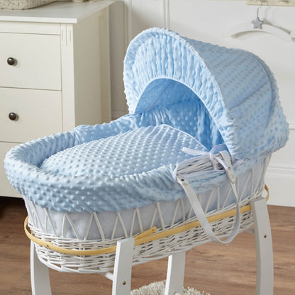 Blue Dimple White Wicker Baby Moses Basket With Stand