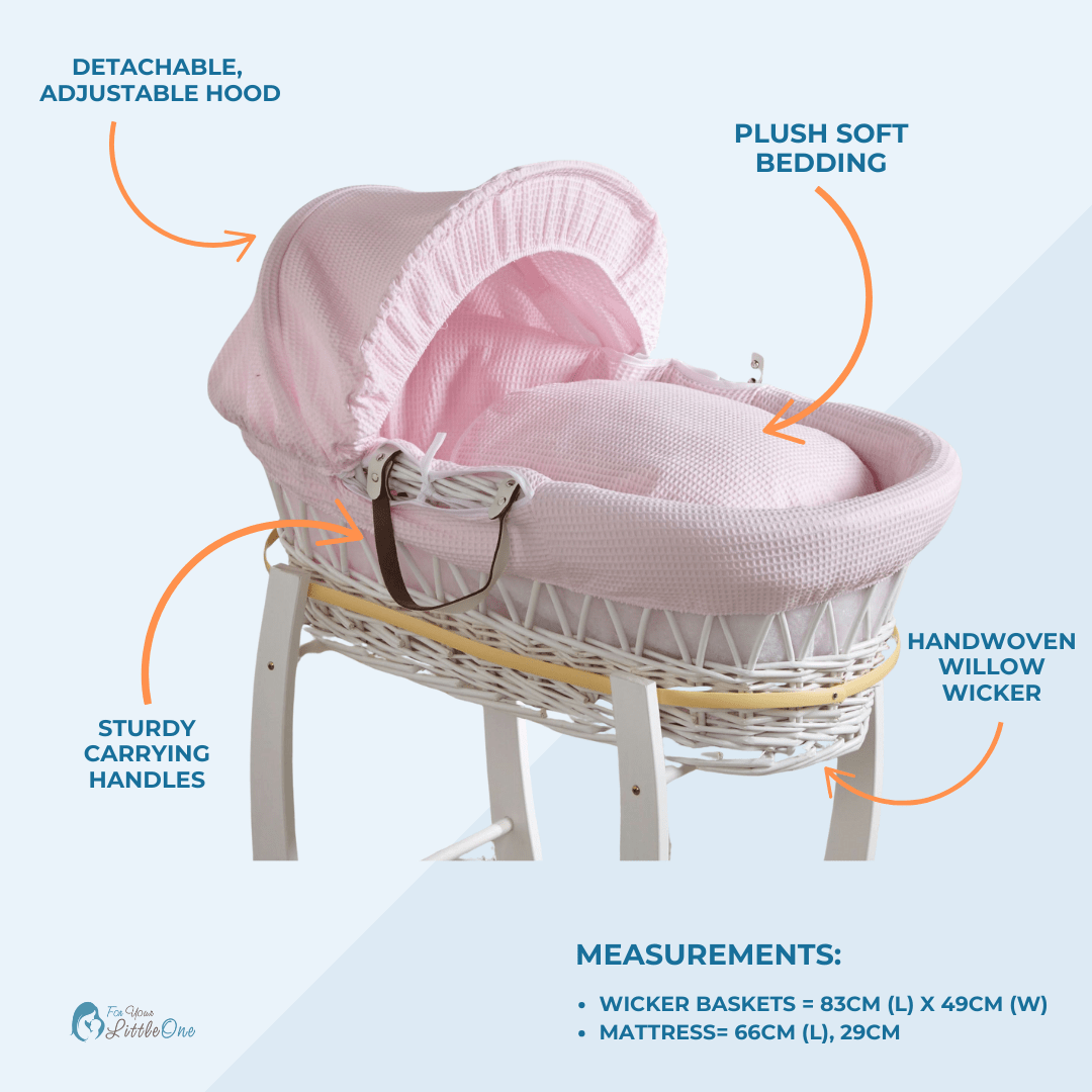 White Waffle Grey Wicker Baby Moses Basket With Stand