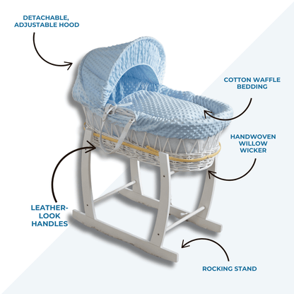 Blue Waffle White Wicker Baby Moses Basket With Stand