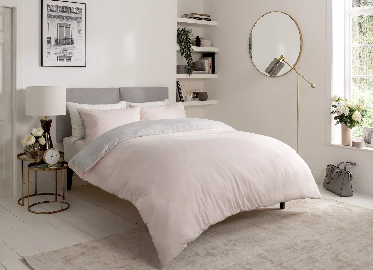 Chambray Reversible Duvet Set Luxurious Cotton Rich Bedding in Elegant Greys and Pinks Available in Single Double and King Sizes by OLIVIA ROCCO