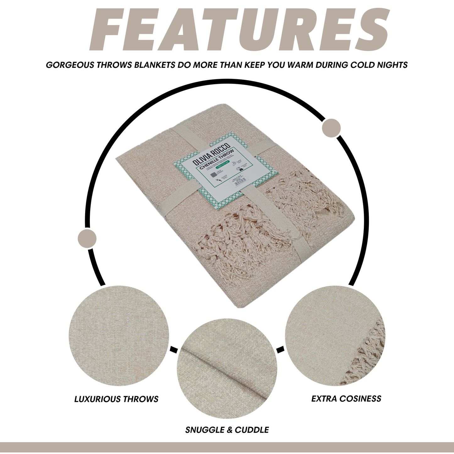 Chenille Tassel Elegant Throw Blanket for Couch Sofa Bed All-Season Soft Luxury by OLIVIA ROCCO