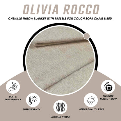 Chenille Tassel Elegant Throw Blanket for Couch Sofa Bed All-Season Soft Luxury by OLIVIA ROCCO