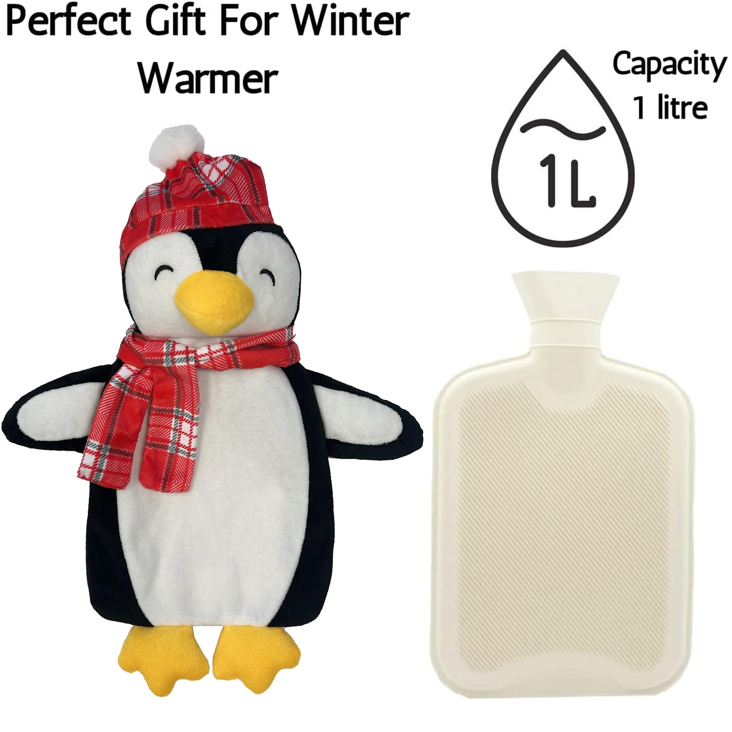 Festive Penguin Christmas Hot Water Bottle with Cover 1L Natural Rubber UK Safe Tested Winter Ideal Gift for Adults Kids by OLIVIA ROCCO