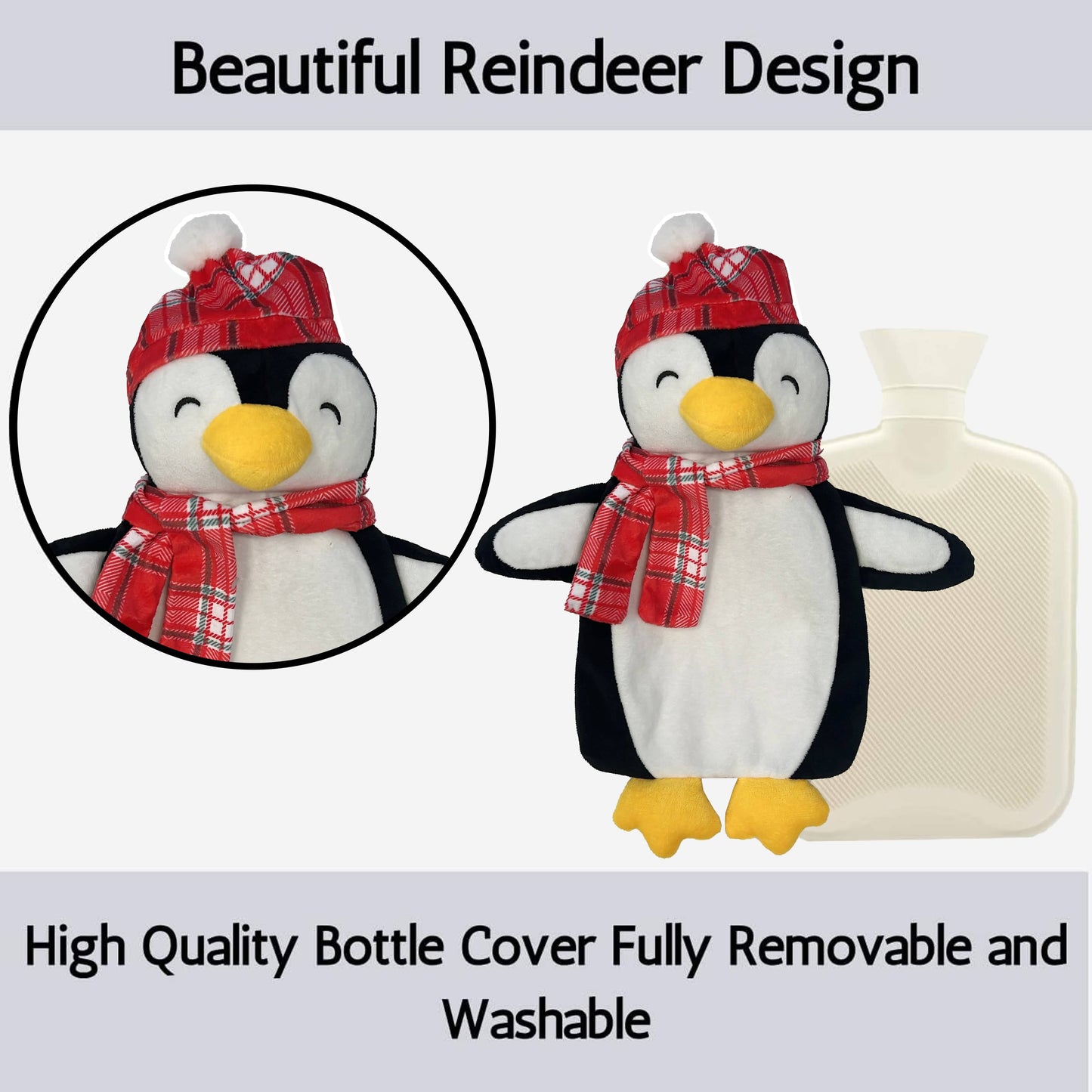 Festive Penguin Christmas Hot Water Bottle with Cover 1L Natural Rubber UK Safe Tested Winter Ideal Gift for Adults Kids by OLIVIA ROCCO