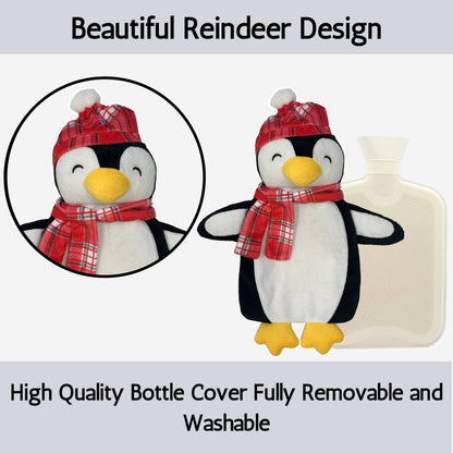 Festive Penguin Christmas Hot Water Bottle with Cover 1L Natural Rubber UK Safe Tested Winter Ideal Gift for Adults Kids by OLIVIA ROCCO