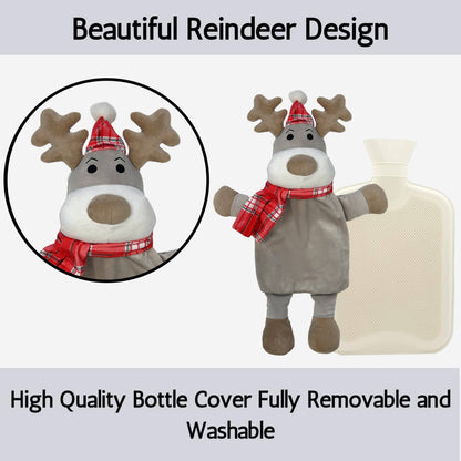 Festive Reindeer Christmas Hot Water Bottle with Cover 1L Natural Rubber UK Safe Tested Ideal Gift for Adults Kids by OLIVIA ROCCO