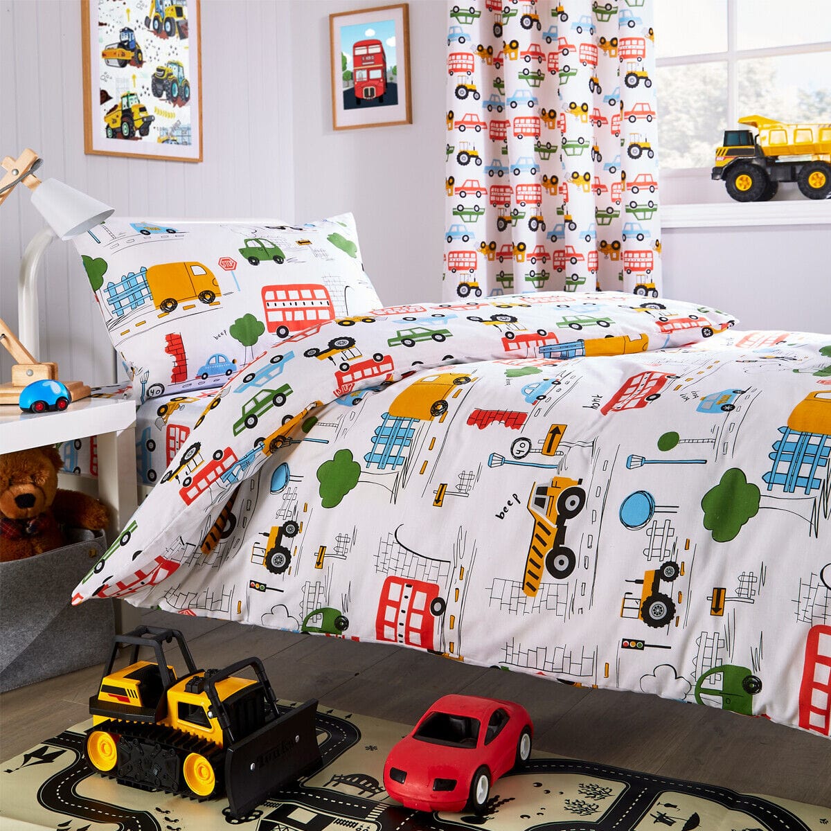 Construction Vehicle Vibrant Kids Duvet Set with Matching Pillowcase Optional Curtains Cotton Blend Bedding for Boys Bedrooms by OLIVIA ROCCO