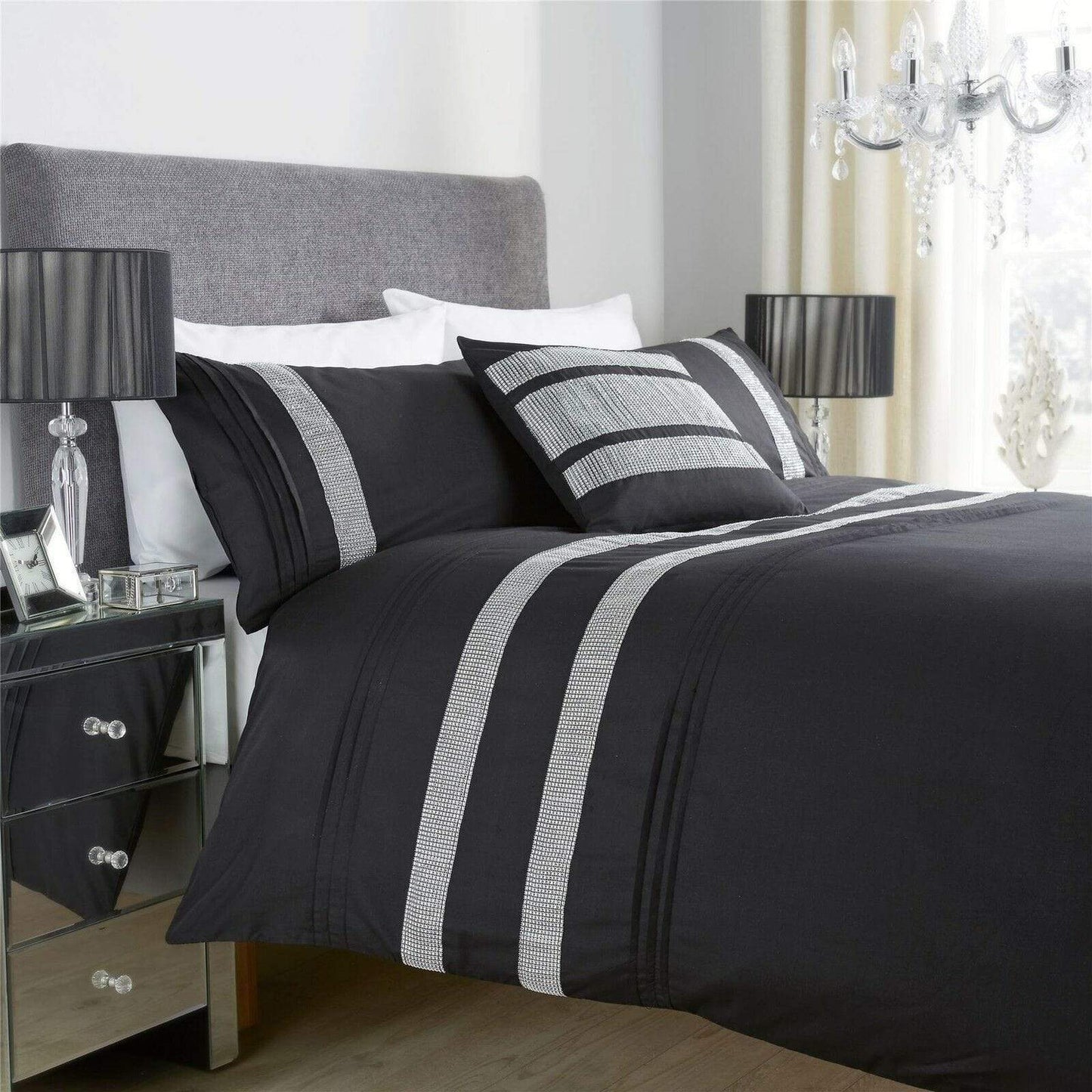 Diamante Glitz Luxurious Cotton Rich Duvet Set with Handwoven Sparkling Crystal Detailing for Elegant Bedroom Decor in All Sizes by OLIVIA ROCCO