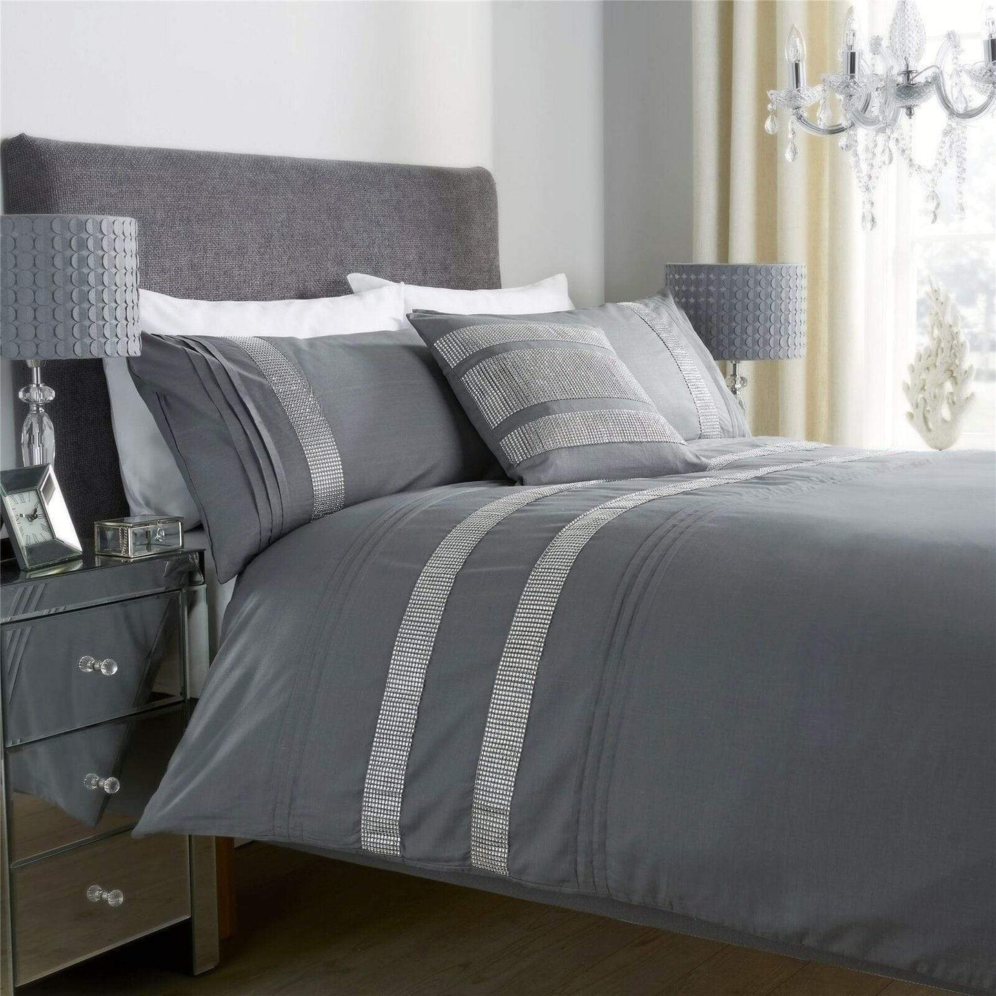 Diamante Glitz Luxurious Cotton Rich Duvet Set with Handwoven Sparkling Crystal Detailing for Elegant Bedroom Decor in All Sizes by OLIVIA ROCCO
