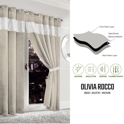 Diamante Natural Blackout Eyelet Curtains with Tie Backs Thermal Ring Top Window Dressings by OLIVIA ROCCO