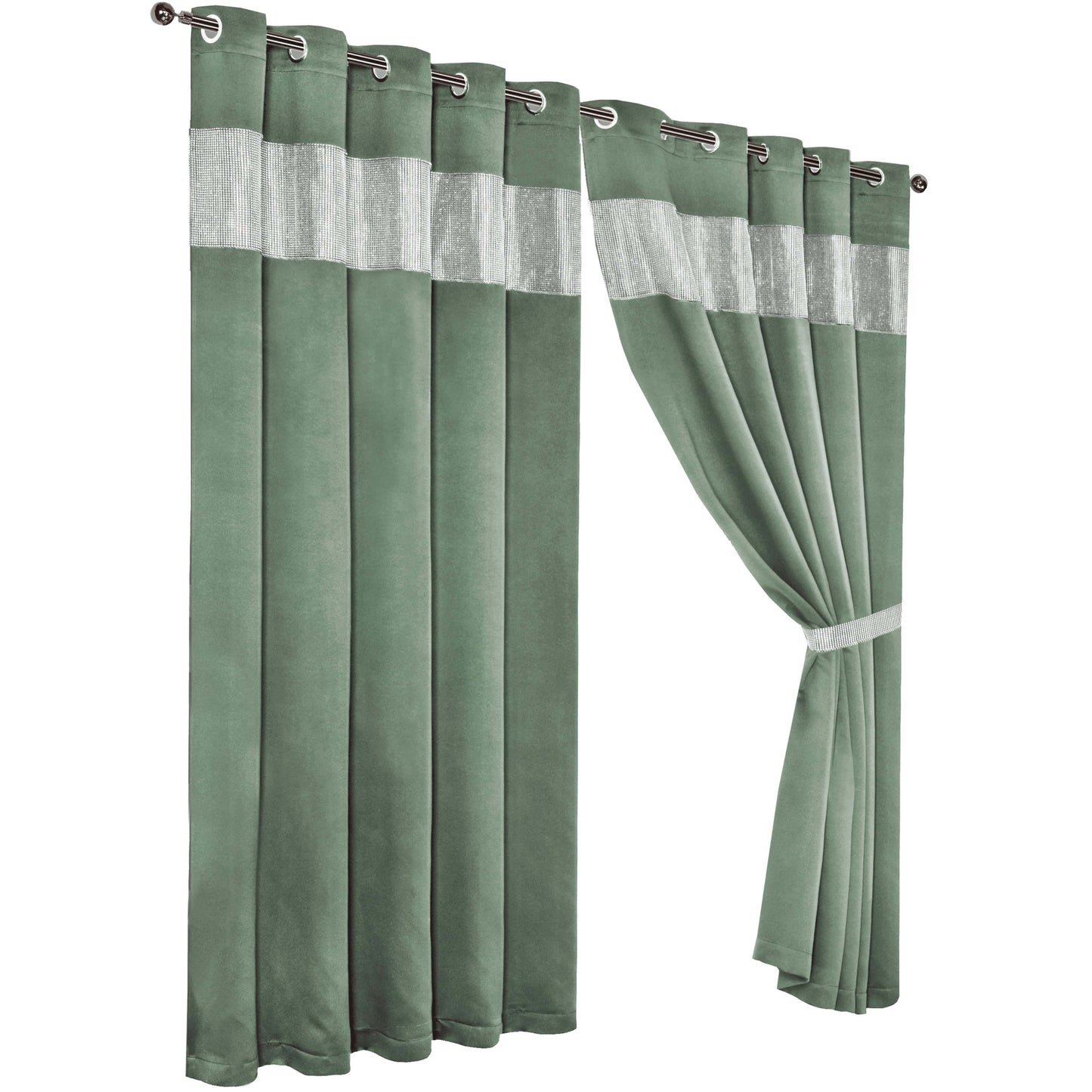 Diamante Sage Green Blackout Eyelet Curtains with Tie Backs Blackout Thermal Ring Top Window Dressings by OLIVIA ROCCO