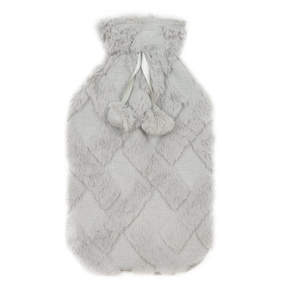 Diamond Fleece Plush Hot Water Bottle 2L with Pom Poms for Ultimate Warmth and Comfort Natural Rubber UK Safe Tested Ideal Gift for Adults Kids by OLIVIA ROCCO