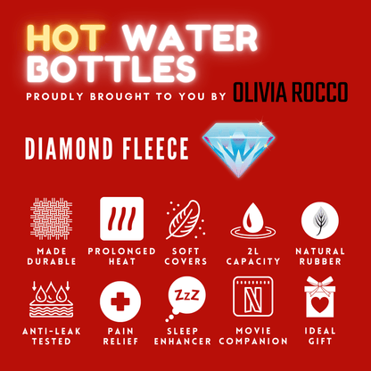 Diamond Fleece Plush Hot Water Bottle 2L with Pom Poms for Ultimate Warmth and Comfort Natural Rubber UK Safe Tested Ideal Gift for Adults Kids by OLIVIA ROCCO