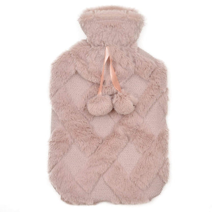 Diamond Fleece Plush Hot Water Bottle 2L with Pom Poms for Ultimate Warmth and Comfort Natural Rubber UK Safe Tested Ideal Gift for Adults Kids by OLIVIA ROCCO