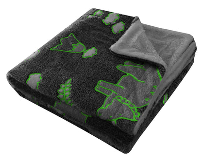 Dinosaur Glow In The Dark Teddy Fleece Bedding Set with Bed Throw and Cushion Prehistoric Design for Kids Available in Single and Double Sizes by OLIVIA ROCCO