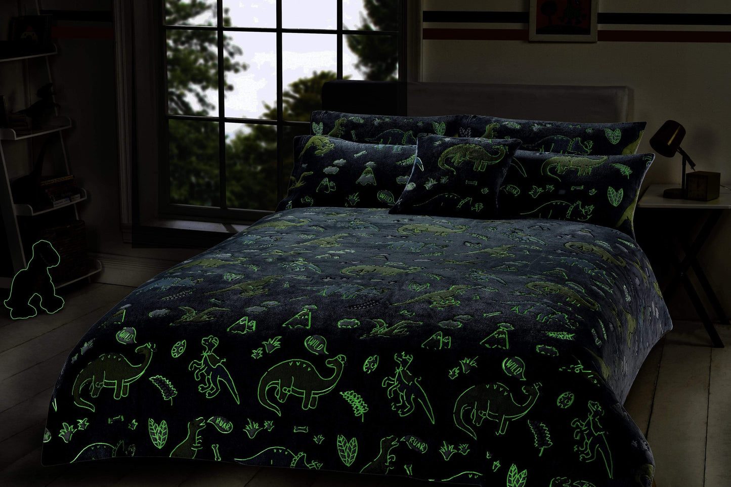 Dinosaur Glow In The Dark Teddy Fleece Bedding Set with Bed Throw and Cushion Prehistoric Design for Kids Available in Single and Double Sizes by OLIVIA ROCCO