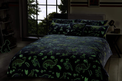 Dinosaur Glow In The Dark Teddy Fleece Bedding Set with Bed Throw and Cushion Prehistoric Design for Kids Available in Single and Double Sizes by OLIVIA ROCCO