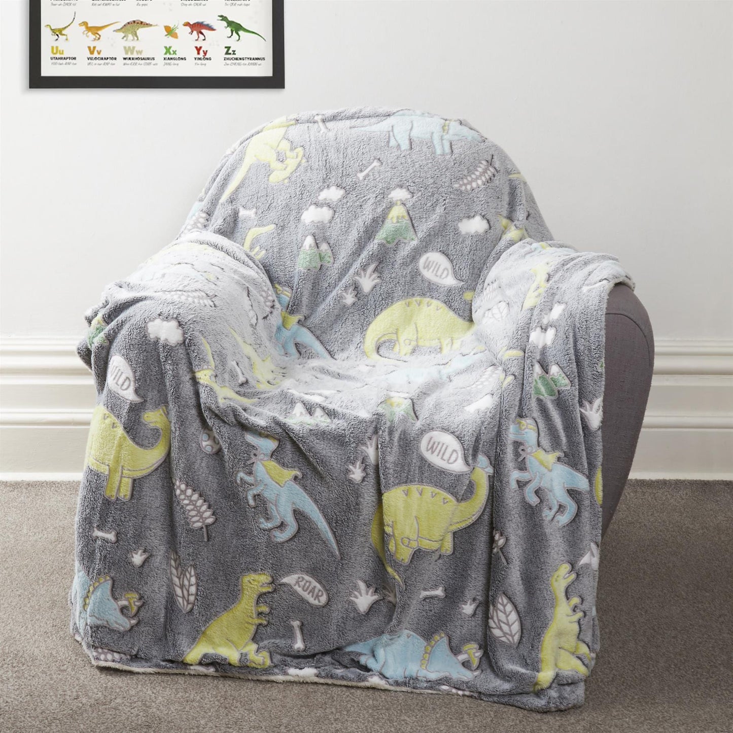Dinosaur Glow In The Dark Teddy Fleece Bedding Set with Bed Throw and Cushion Prehistoric Design for Kids Available in Single and Double Sizes by OLIVIA ROCCO